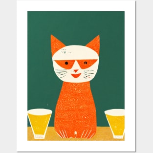 Beer Cat Retro Poster Vintage Art Beer Wall Green Red cat Illustration Posters and Art